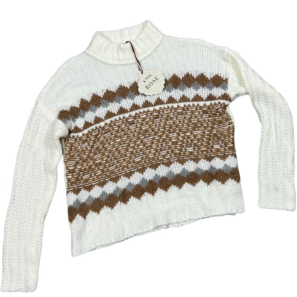 Knox Rose Women's Ivory Mock Turtleneck Fair Isle Pullover Sweater - Small - NWT
